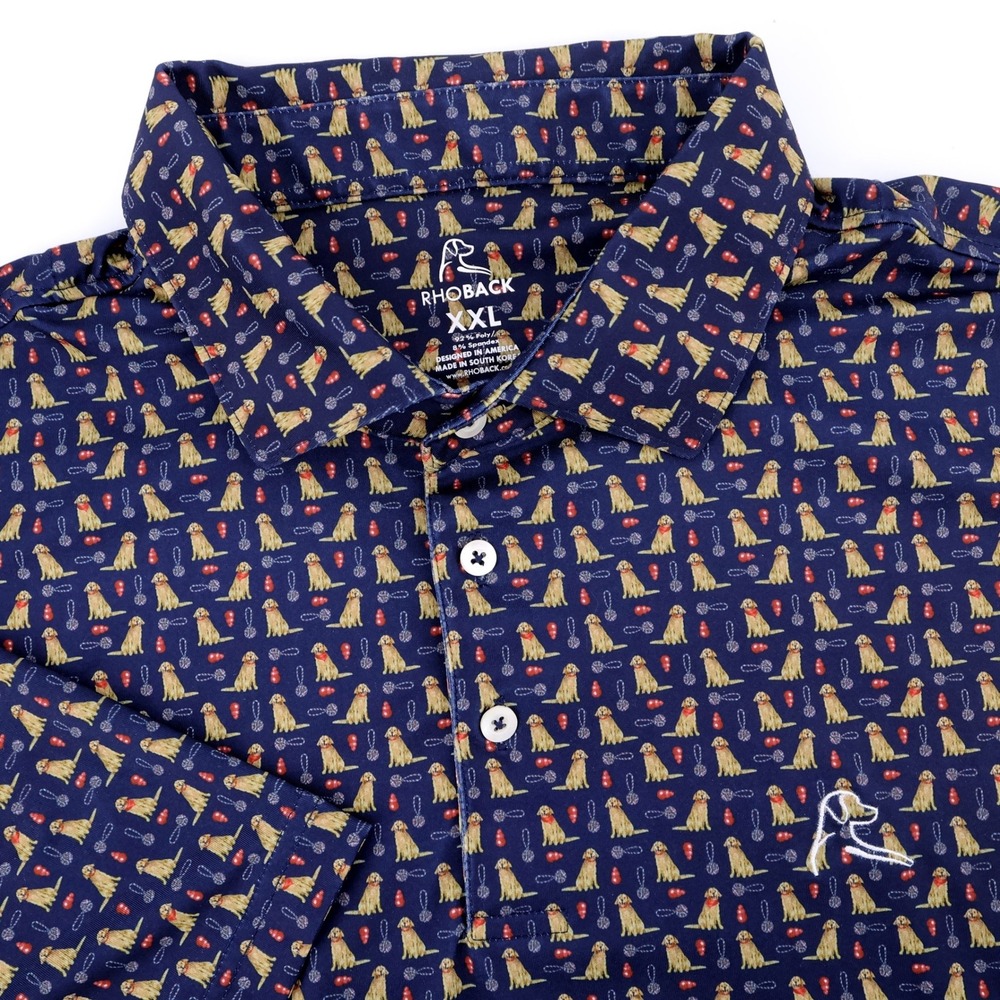 Rhoback Golden Retriever Print Polo Navy Blue Short Sleeve Mens XXL